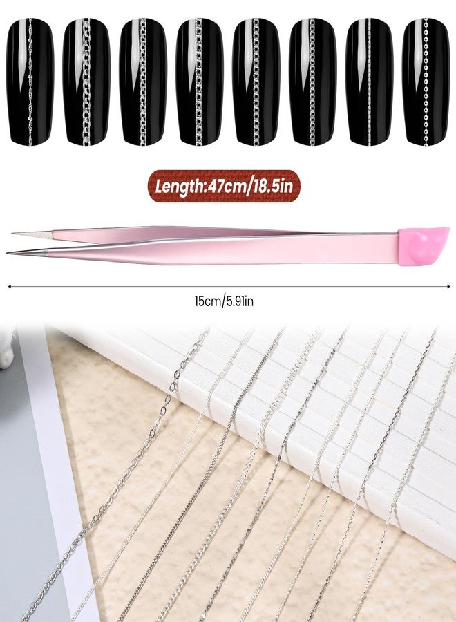 Aeaocvo 9 Strips Silver Nail Chains with Dual-Head Tweezer, 3D Chain Nails Charms for DIY Nail Art Decoration, DIY Making Manicure Jewelry - Image 2